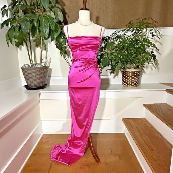 Windsor Size XS Dress Pink Satin  Strapless Maxi Length High Slit Prom Women NWT - Picture 1 of 7